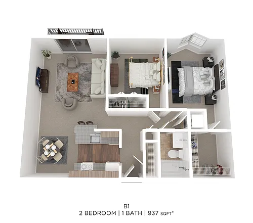 Floor plan Two Bed One Bath 937 Sqft