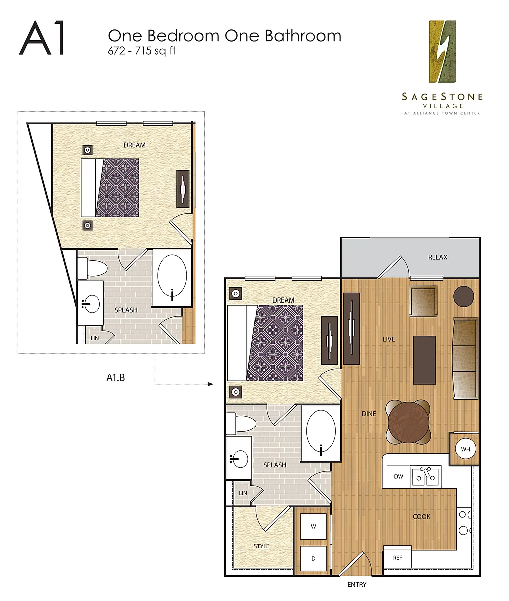 Floor plan A1 1 BR / 1 BA