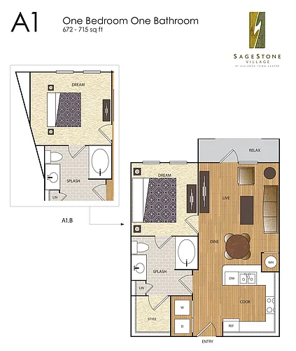 Floor plan A1 1 BR / 1 BA