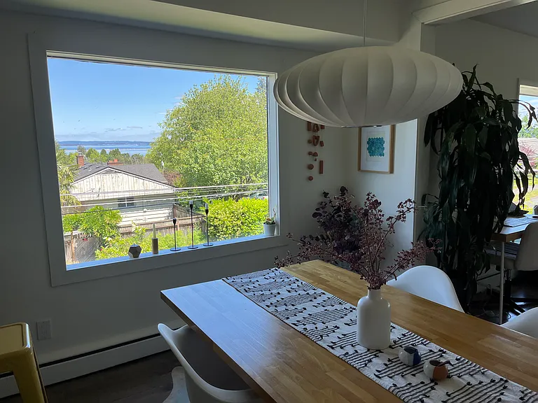 enjoy breakfast with a view of Lake Washington and Mt. Baker