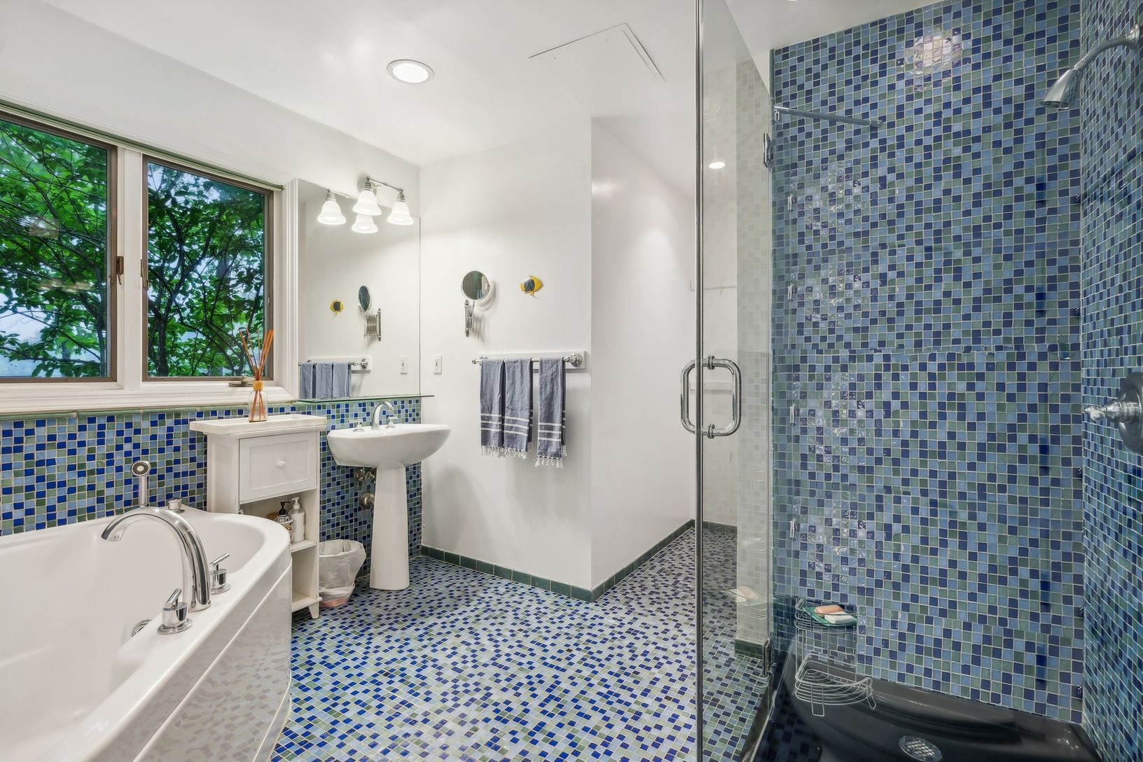  gang bathroom for twin and double and guests, jacuzzi tub and seperate shower