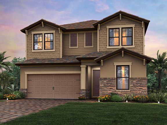 The Fifth Avenue, a two-story family home with a 2 car garage, shown with Home Exterior C2B