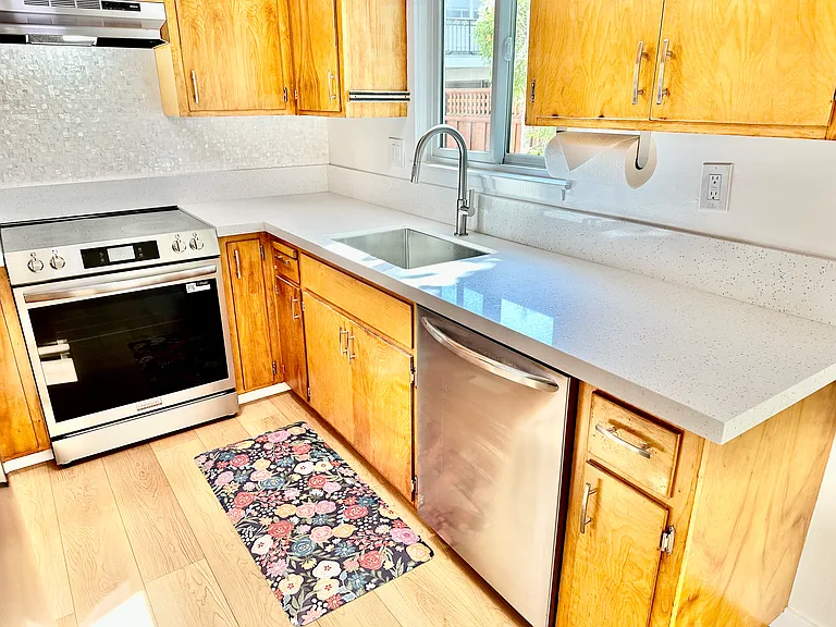 New Kraus Stainless Steel Sink, Gooseneck Faucet, Frigidaire Dishwasher, Quartz Countertops
