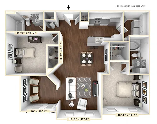 Floor plan The Rodeo 2 BR 2 BA with Den