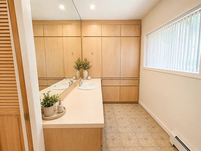 Large vanity area with loads more storage. Virtually staged.
