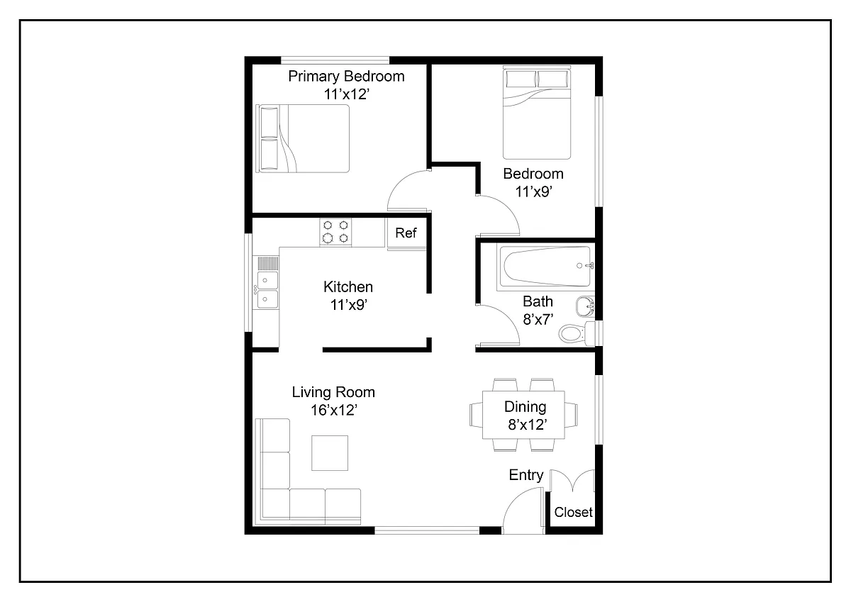 Floor plan 2 Bed 1 Bath