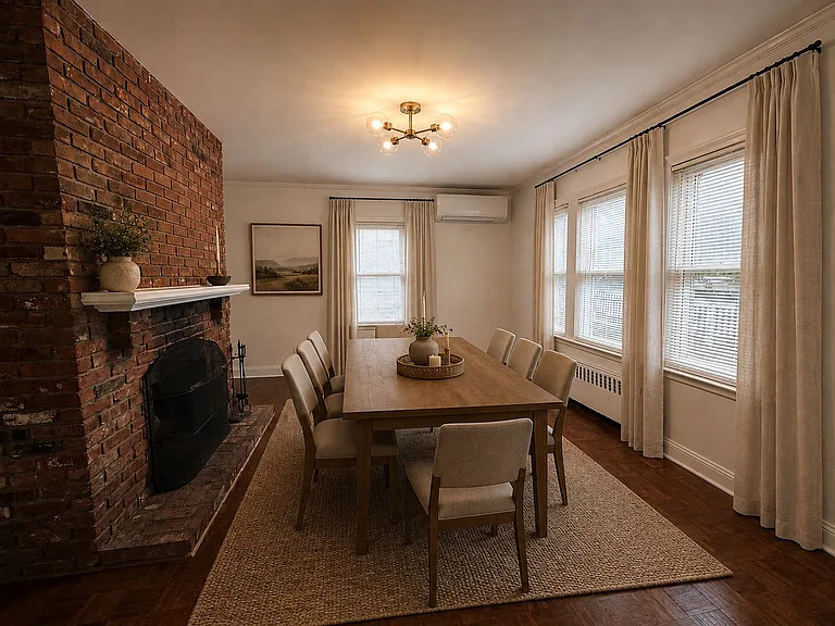 Dining area with fireplace, virtually staged