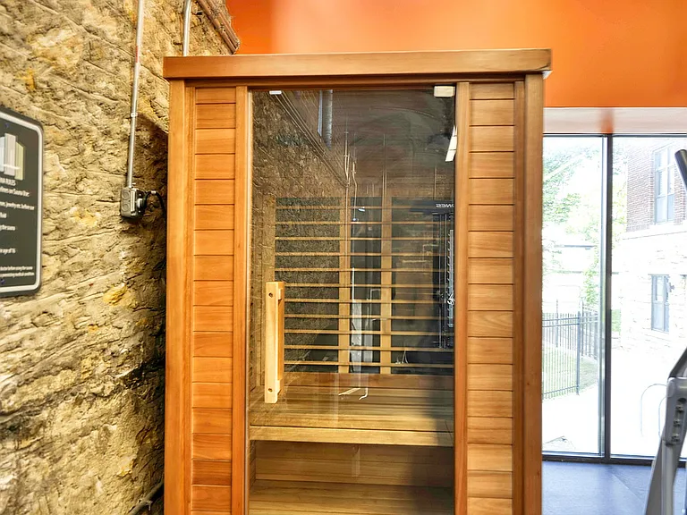 Sauna with large windows in background West Hill Apartments KC