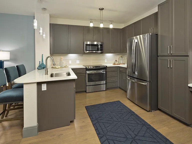 Stainless steel appliances and contemporary pendant and track lighting