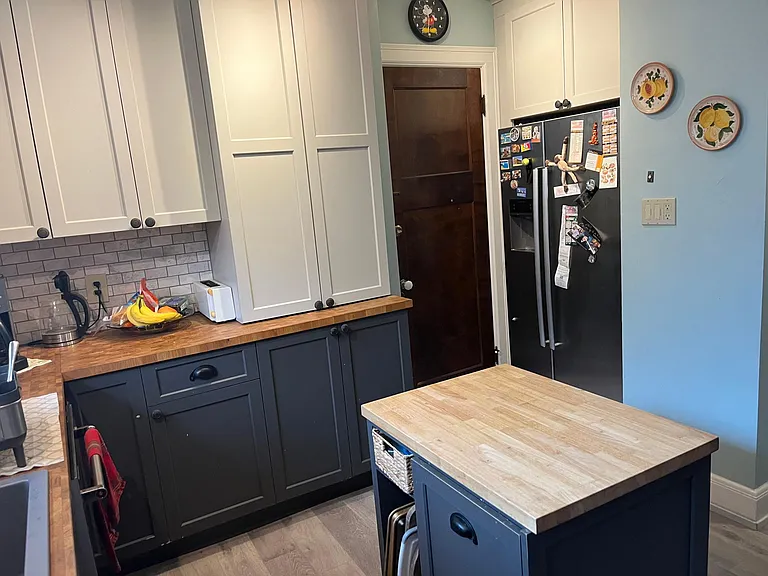 Other side of the kitchen with larder, refrigerator and back door