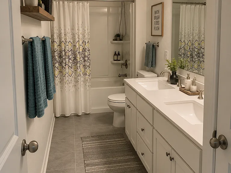 Main Bath upstairs with dual vanity and large linen closet!