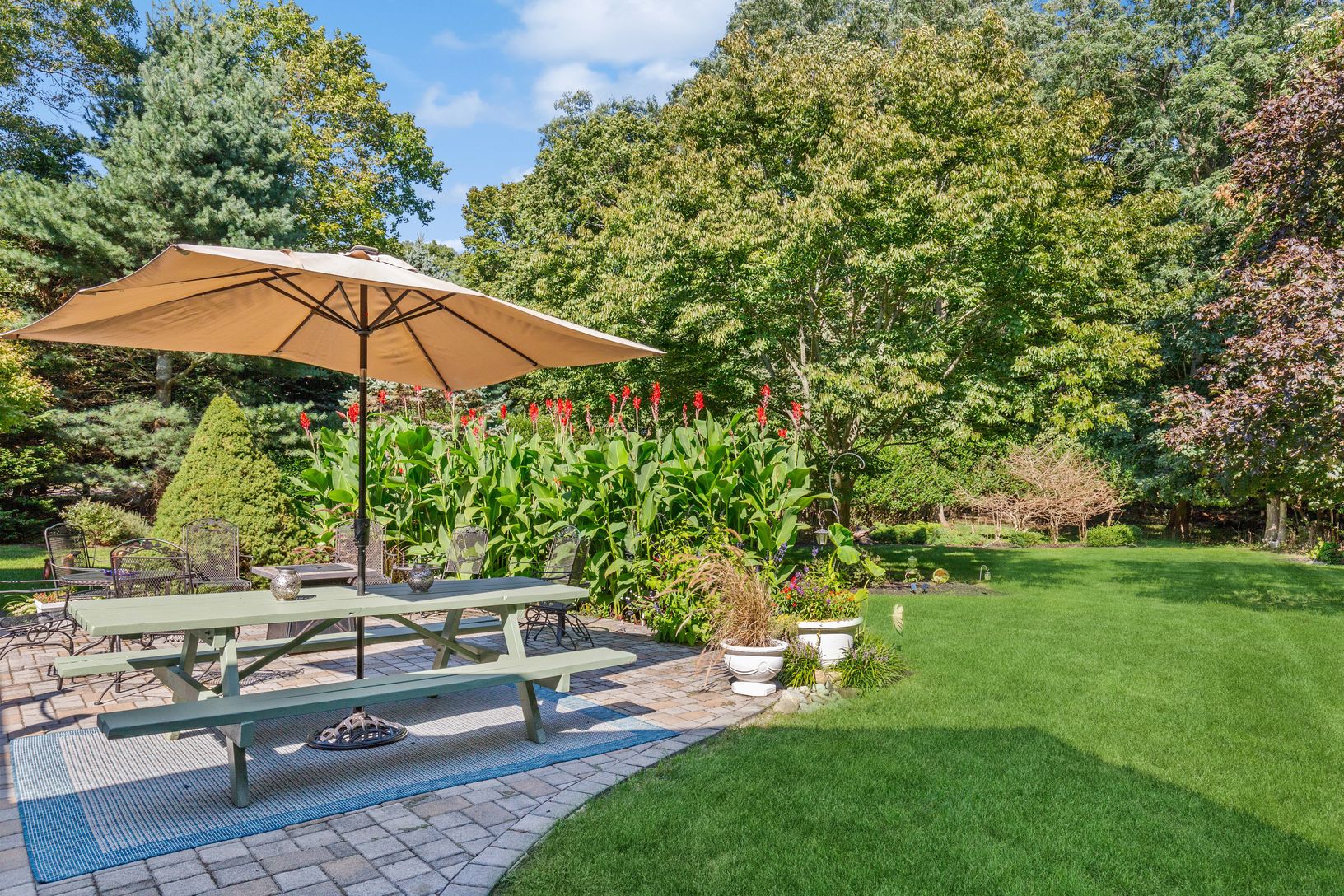  Rear Patio Area with Natural Cannas Border. patio Overlooks the Large and Lush Backyard