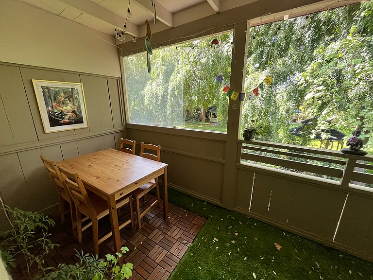 Covered decks upstairs offer additional living space. Some residents dine outside.