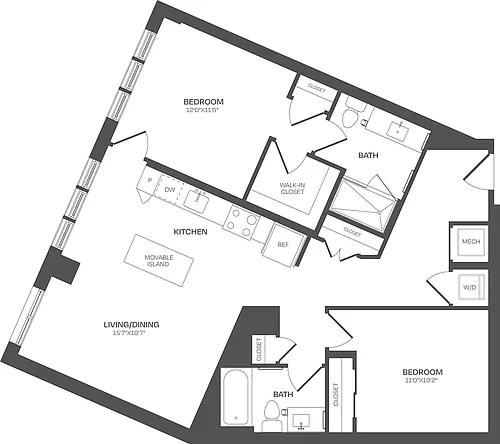 Floor plan 1 Bed/2 Bath Den-B12