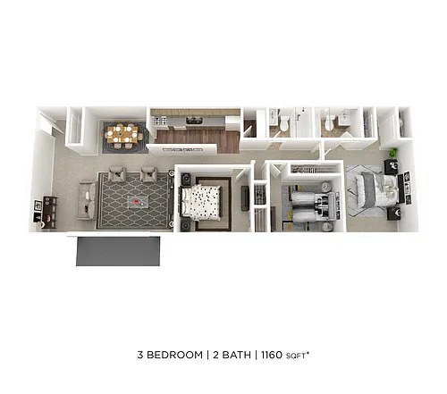 Floor plan Three Bedroom 2 Bath - 1,160 sqft