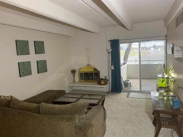 Looking straightforward into the living room at the slider, which looks out over the gardens.