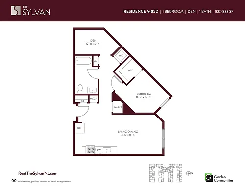 Floor plan One Bedroom Apartment with Den A-05D
