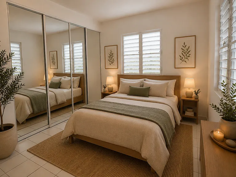 A digitally staged version of the master bedroom bringing the space to life!