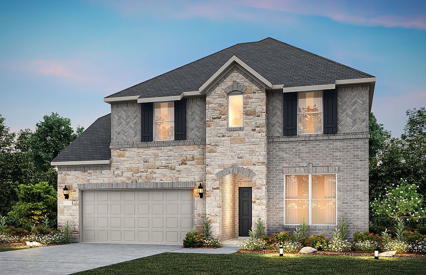Exterior D with shutters, stone accents, and 2-car garage with additional storage
