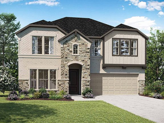 Elevation E is a two story cottage inspired home design with brick and stone featuring an arched ent