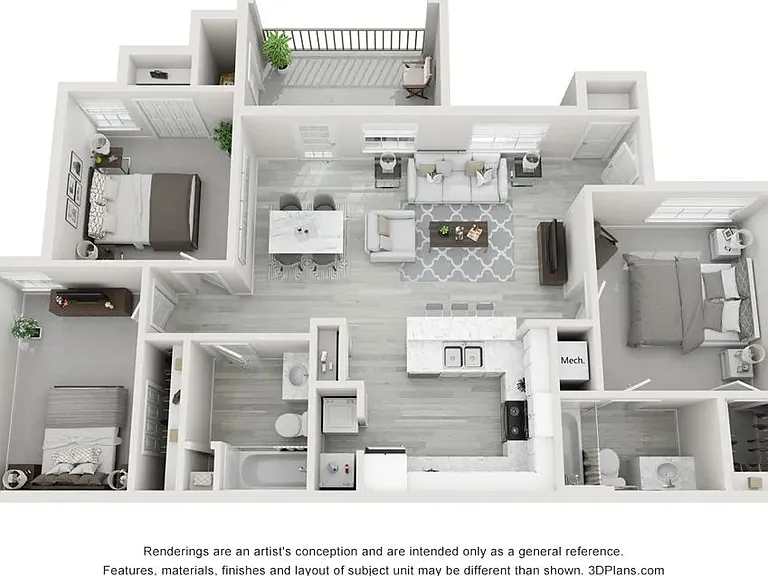 A 3D floor plan rendering of our three bedroom apartment