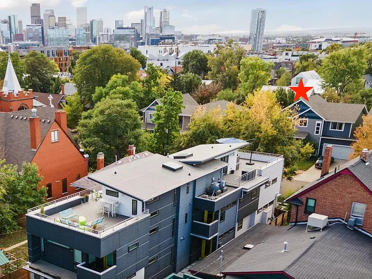 Aerial view of our house in relation to downtown