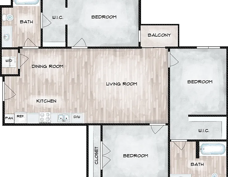 3 Bed 2 Bath Floorplan Diagram