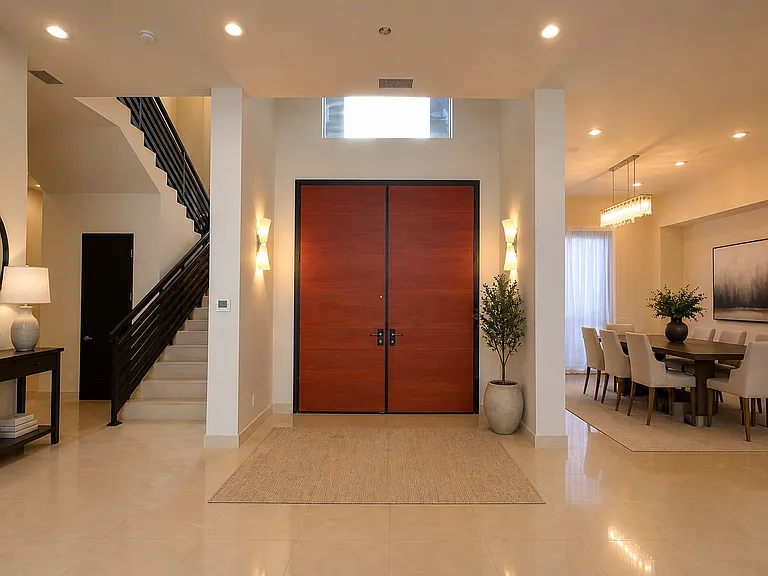Grand two-story foyer with custom double doors and elegant formal dining room.