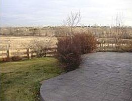 tamped Concrete patio and landscaped backyard backing to open space