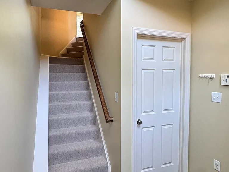 Spacious entryway with access to ground-level family room, newly carpeted staircase to main level, and large garage.