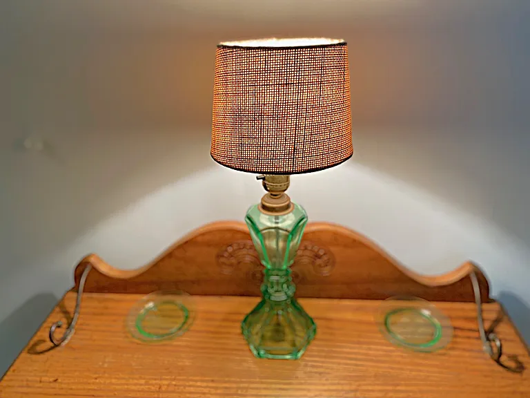 Oak Nightstand w/RARE green Depression Glass Lamp & 2 Coasters
