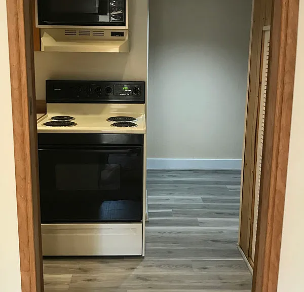 Newly installed vinyl plank flooring.