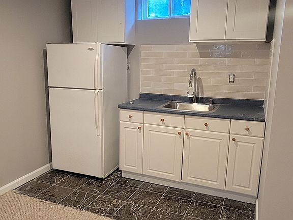 Full kitchen with refrigerator, sink, microwave and electric countertop double burner.