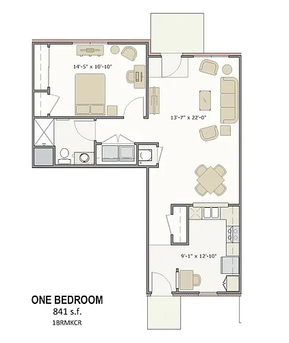 Floor plan 1 Bed/1Bath Rear