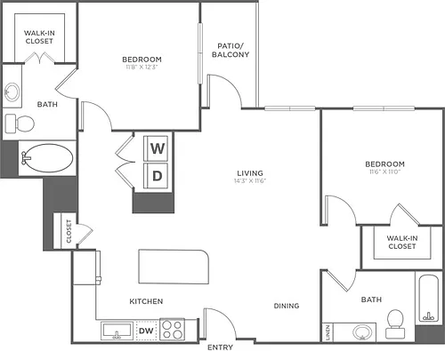 Floor plan Two Bedroom Two Bath (1,163 SF)