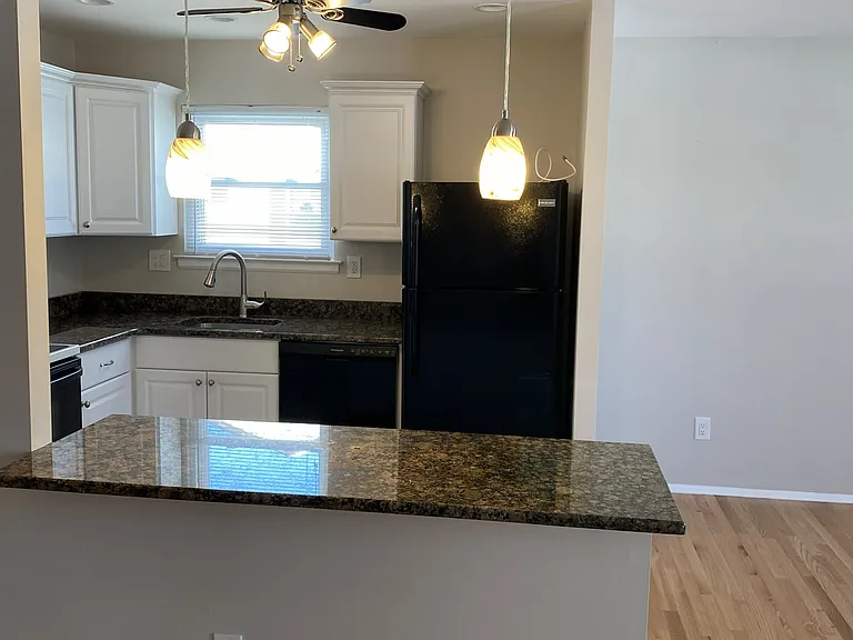 Kitchen View with Penninsula with Pendant Lighting