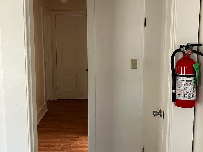 looking from the living room into the hall. Front door on right
