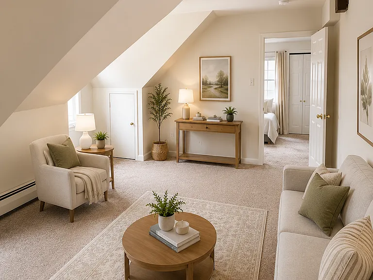 Bright, airy upstairs living area staged with comfortable seating, natural textures, and neutral accents to highlight the spacious layout.