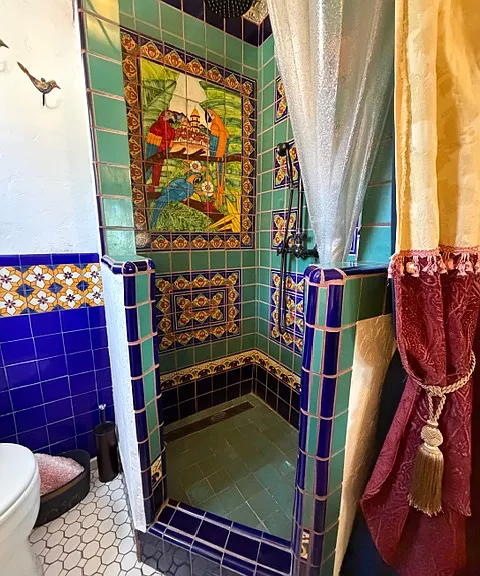 Talavera Tiled Shower and Toilet Room with Rainhead, Trench Drain & Handheld Shower Wand