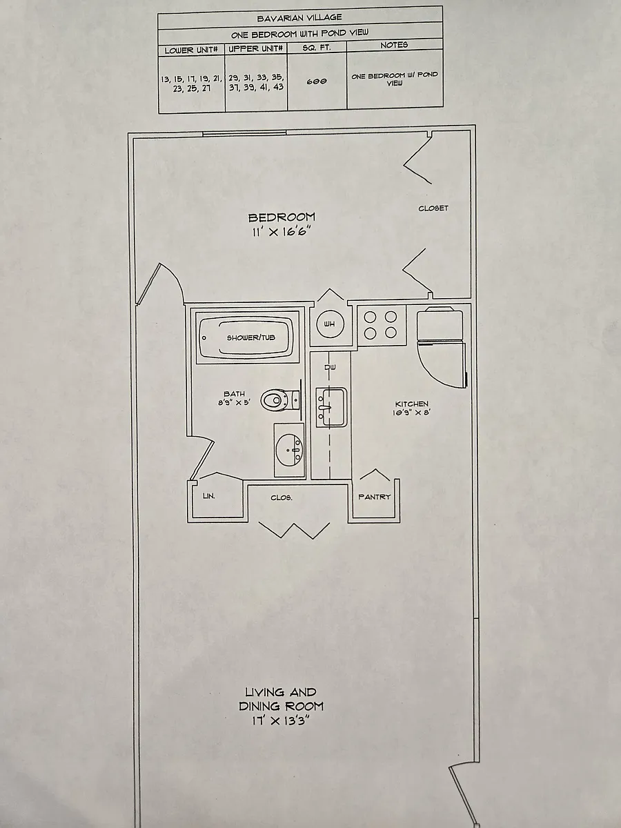 Floor plan One Bedroom With Pond View