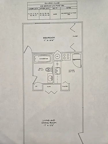 Floor plan One Bedroom With Pond View
