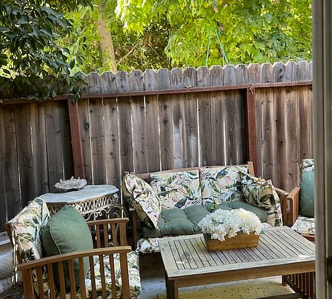 Private patio with views and shade from mature trees
