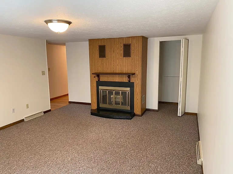 Living room and fireplace with large closet
