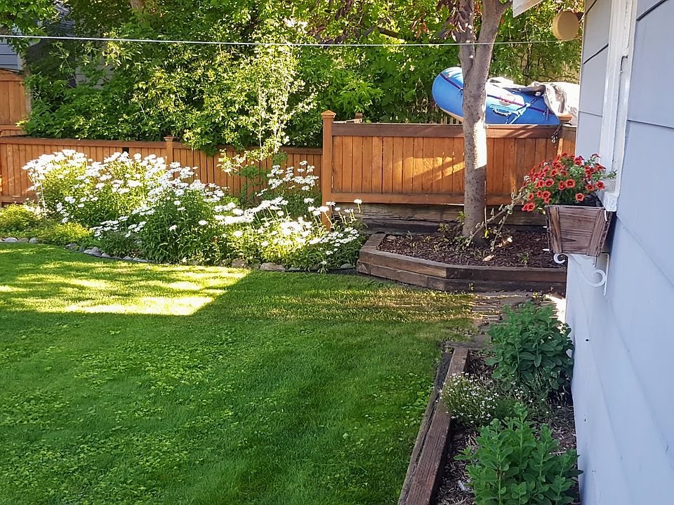 Back yard with garage