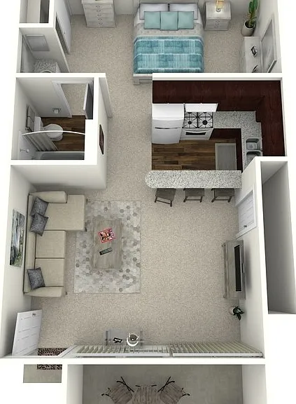 Woodcrest- Studio 1 Bath Floorplan Diagram
