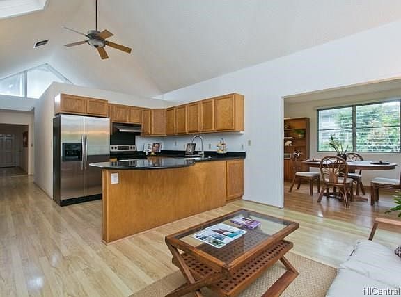 Kitchen, family room sitting area, dining area.