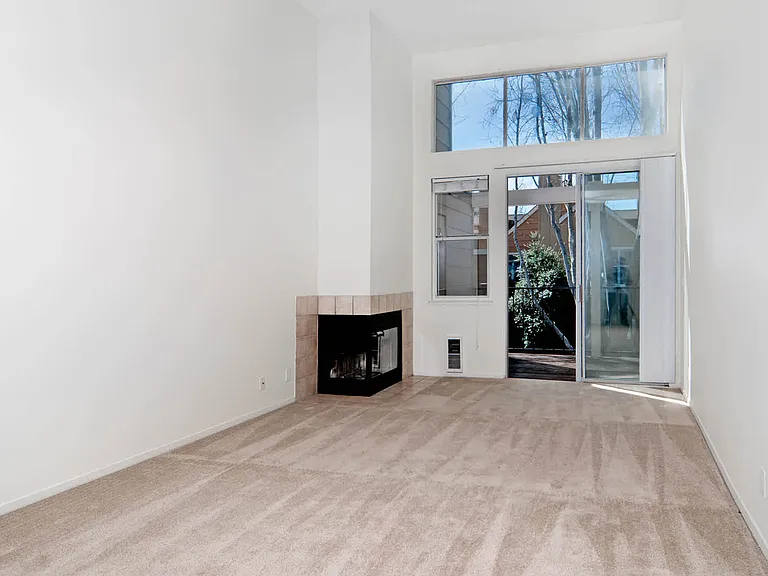 Carpeted Living Room with Fireplace and Balcony