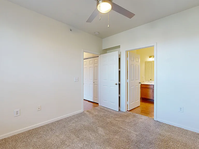 Spacious apartment bedroom with large closet, attached bathroom and plush carpet flooring.