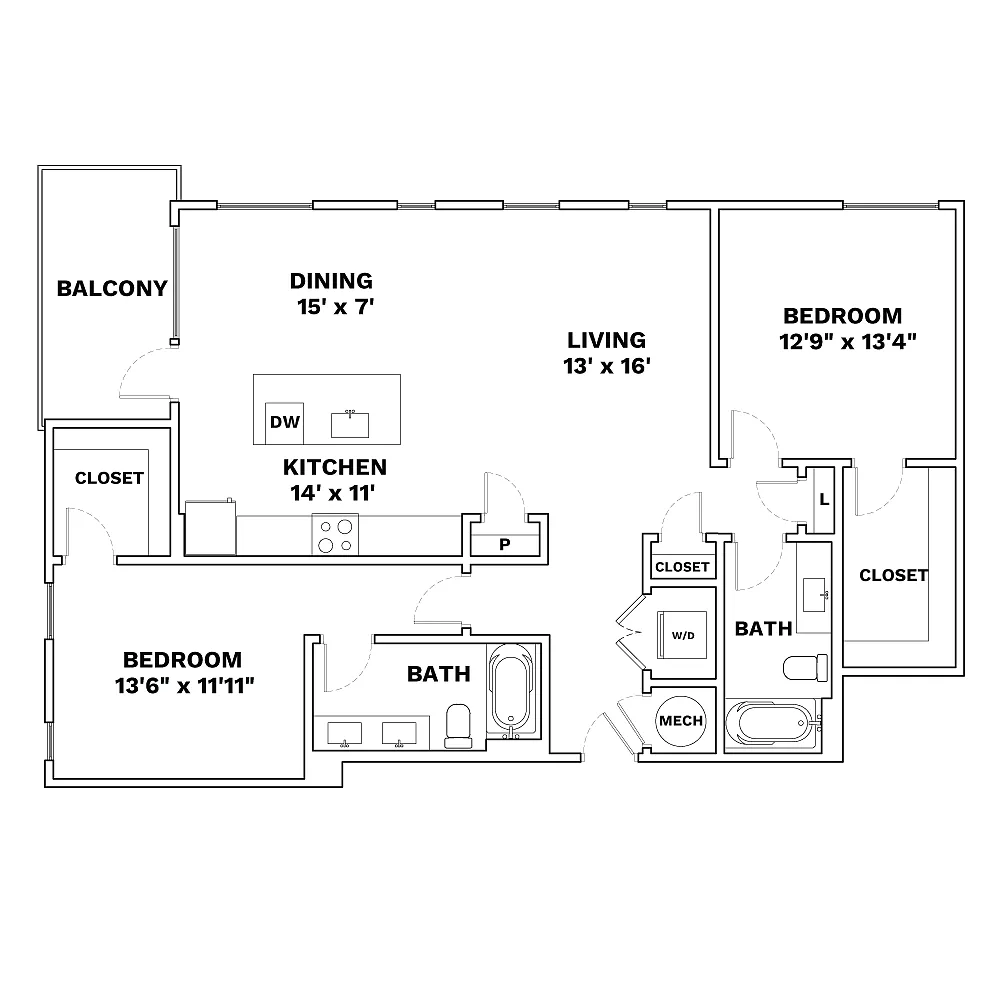 Floor plan 2x2 - 1301sqft - B5 - Guild