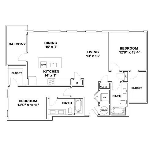 Floor plan 2x2 - 1301sqft - B5 - Guild